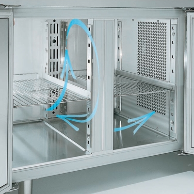 Table frigorifique, ventil&eacute;e, pour pizza 3 portes avec plan de travail en granit