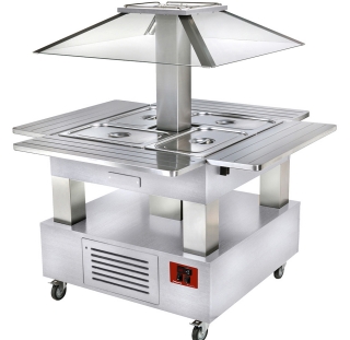 Ilot buffet chauffant, bain marie, 4x GN1/1-150 (Bois Blanc)