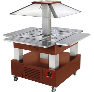 Ilot buffet chauffant, bain marie, 4x GN1/1-150 (Bois Foncè)