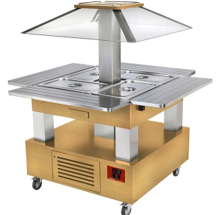 Ilot buffet chauffant, bain marie, 4x GN1/1-150 (Bois Clair)