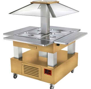 Ilot buffet chauffant, bain marie, coupole motorisè, 4x GN1/1-150 (Bois Clair)