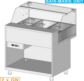 Comptoir vitrine chauffante "bain marie" 2x GN, vitre basse, statique, sans rèserve