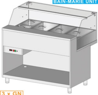 Comptoir vitrine chauffante "bain marie" 3x GN, vitre basse, statique, sans rèserve