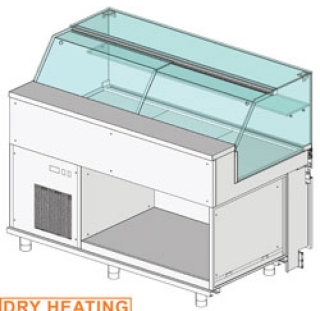Comptoir vitrine chauffante "à  sec" EN & GN, vitre basse, statique, sans rèserve