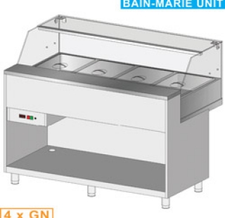 Comptoir vitrine chauffante "bain marie" 4x GN, vitre basse, statique, sans rèserve