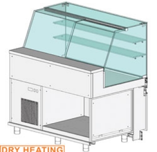 Comptoir vitrine chauffante "à  sec" EN & GN, vitre haute, statique, sans rèserve
