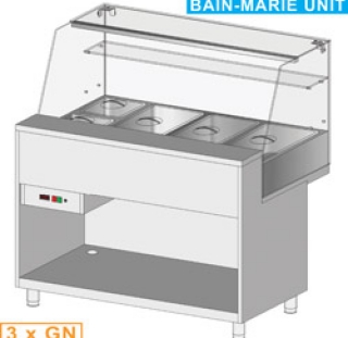 Comptoir vitrine chauffante "bain marie" 3x GN, vitre haute, statique, sans rèserve