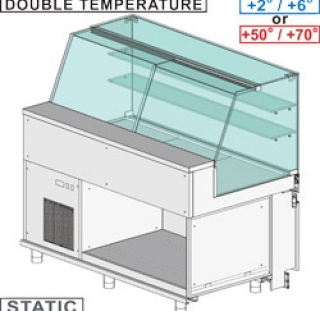 Comptoir vitrine rèfrigèrè & chauffante EN & GN, vitre haute, statique, sans rèserve