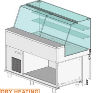 Comptoir vitrine chauffante "à  sec" EN & GN, vitre haute, statique, sans rèserve