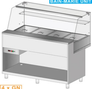 Comptoir vitrine chauffante "bain marie" 4x GN, vitre haute, statique, sans rèserve