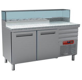 Table frigo pizzeria, 2 portes EN 600x400, 3 tiroirs neutres EN 600x400, structure rèfrigèrèe 6x GN 1/4